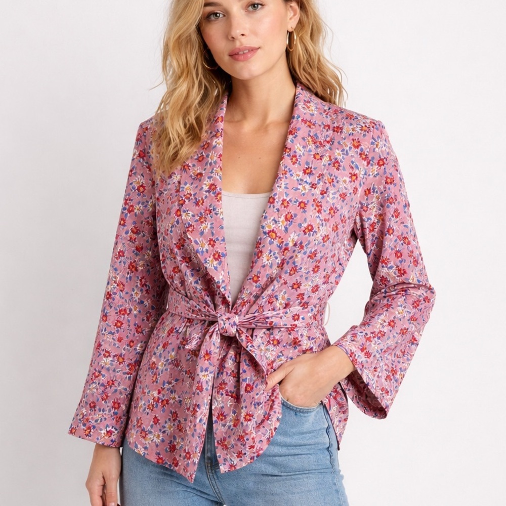 Bliss And Mischief Floral Tie Waist Jacket Blazer Pink Organic Cotton Size 2